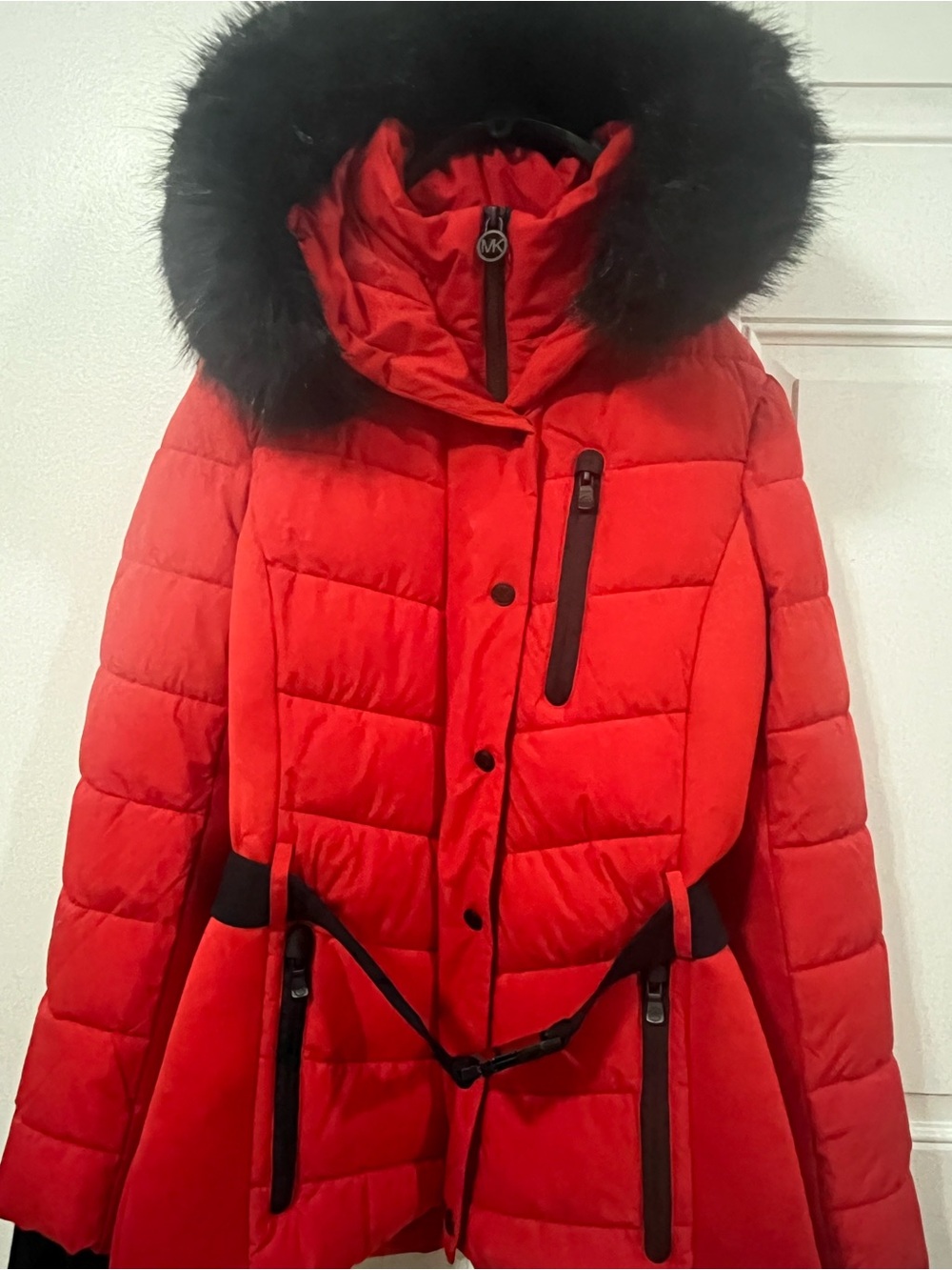 Michael Kors Bright Red Quilted Puffer Coat with Black Faux Fur Trim